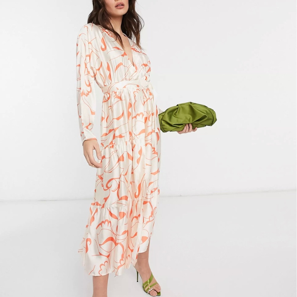 Satin wrap tiered maxi dress in abstract print